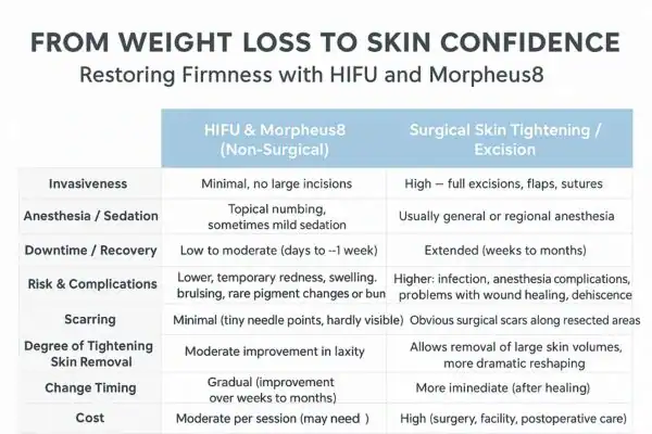 Weight Loss to Skin Confidence 3 Table showing the benefits of HI-FU treatments following weight loss.